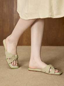 MOTF PREMIUM SQUARE-TOE SIMPLE AND COMFORTABLE WOMEN FLAT SANDALS FOR SUMMER VACATION, BACK TO SCHOOL COLLEGE STUDENT SHOES, FOR NEW YEAR HOLIDAY, SPRING SHOES SPRING BREAK EASTER SPRING SHOES - Light green - View 5