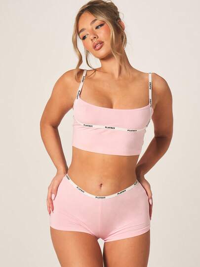 Missguided x Playboy Women's Strappy Cami And Booty Shorts Lounge Set With Branding Comfort Sleepwear Matching Two Piece