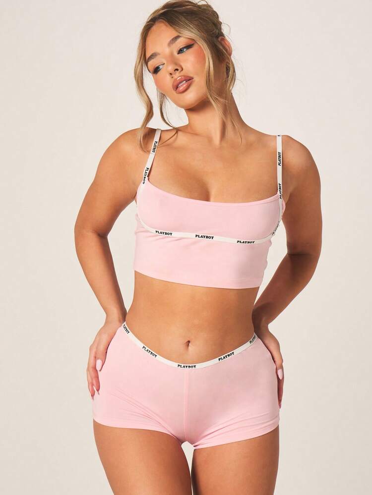 Missguided x Playboy Women's Strappy Cami And Booty Shorts Lounge Set With Branding Comfort Sleepwear Matching Two Piece