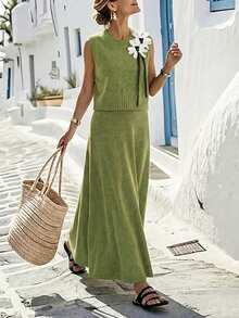 Franclia 秋冬新款宽松碎花圆领无袖针织背心搭配A字针织半裙女装两件套 - 青檸色 - 查看 2