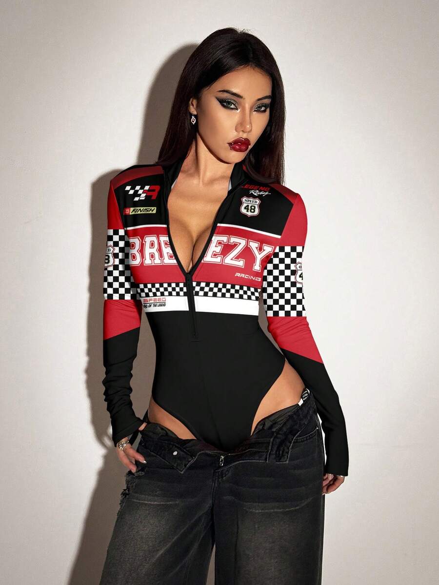 SHEIN ICON 休闲简约运动街头风，适合派对、聚会、机场等场合——饰有数字、英文字母和学院风格子印花。音乐节穿搭，女士高领紧身拉链连体衣，夏季出行必备。 - 彩色 - 查看 1