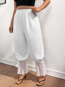 Lounesse Plus Size Women Lantern Pants With Lace Patchwork,Casual White Summer Basic Smart Casual Holiday Trousers,7/8 Length Beach Pants For Daily Wear - White - View 4