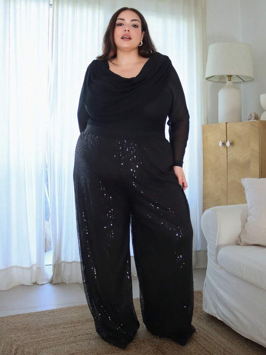 Pretty and Ole Pantalones anchos de cintura elástica de unicolor con lentejuelas para mujeres de talla grande, pantalones brillantes de invierno para mujeres - Negro - Ver 1