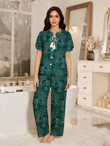SHEIN 女款優雅花卉刺繡休閒泡泡袖睡衣套裝 - 墨綠色 - 查看 4