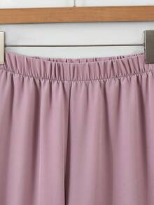 Lacomfia 2pcs/Set Kemeja Lengan Panjang Jala Bordir Kasual Ukuran Besar dan Celana Panjang Kaki Lebar Pinggang Elastis Polos, Musim Semi/Panas - MultiWarna - View 4