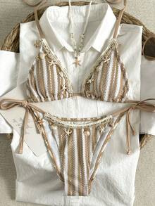 SHEIN Swim Women's Striped Pendant Decorated Swimwear Set, Vacation & Beach - Multicolor - View 1