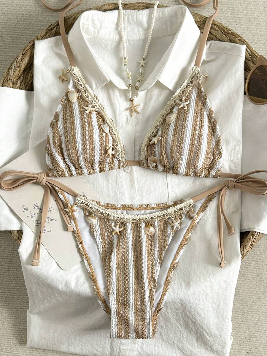 SHEIN Swim Women's Striped Pendant Decorated Swimwear Set, Vacation & Beach - Multicolor - View 1