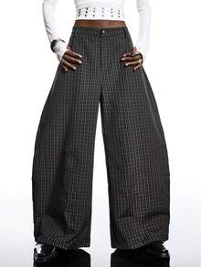 LYSMO Women's Multicolor Plaid Wide Leg Long Pants Casual All Over Print Trousers - Multicolor - View 4