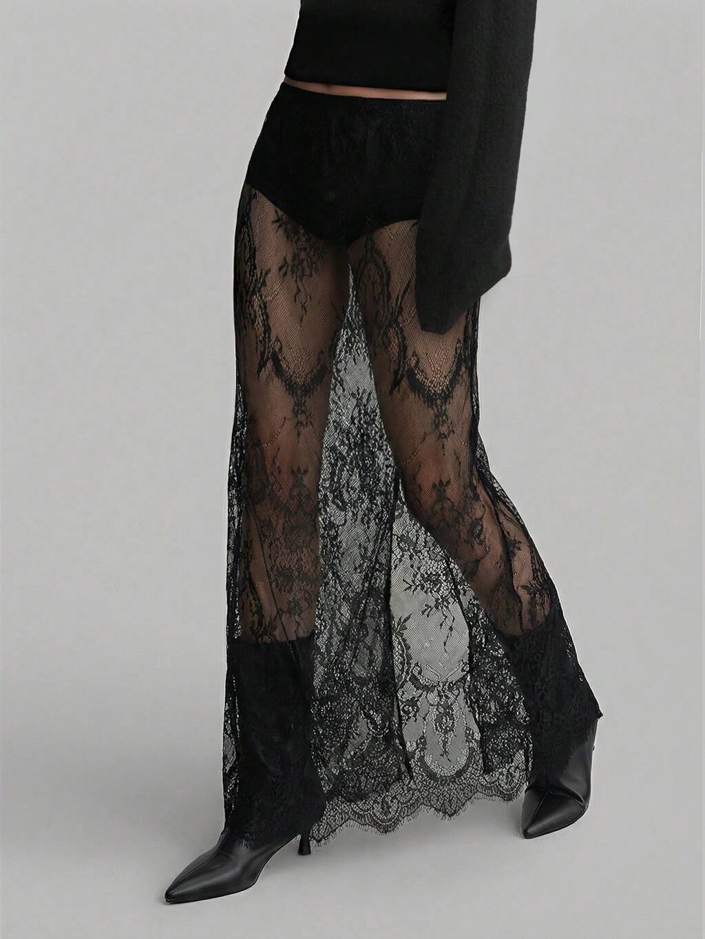 Women's Black Lace Maxi Dress, Fashionable Sexy Sheer Lace Long Dress, Women's Versatile Casual Dress Series