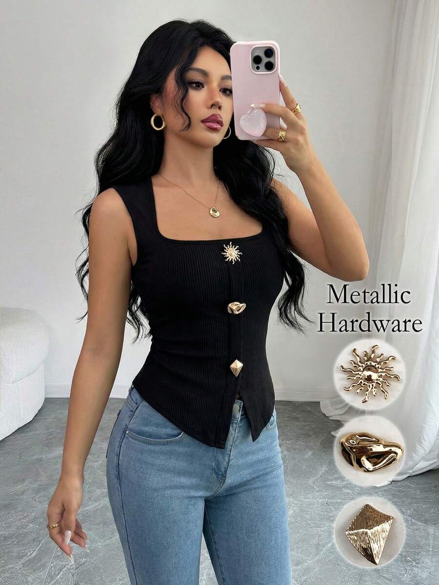 Elenzga Áo nữ không tay cổ vuông màu đen thanh lịch, điểm nhấn là cúc kim loại, thiết kế ôm eo, đa năng cho trang phục hàng ngày, công sở và hẹn hò. - màu đen - Xem 1