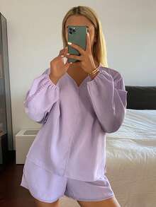 DAZY Summer Casual Loose Women Pajama Set - Purple - View 5