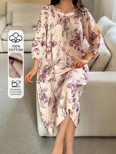 DAZY Lace Patchwork Floral Pattern Loose 3/4 Sleeve Dress, Suitable For Summer And Spring, Women Nightgown