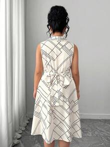 Elenzga Chic Apricot Woven Fabric Plus Size Sleeveless Dress Featuring Plaid Pattern Lapel Neck And Flared Hem - Apricot - View 2