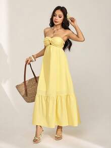 SHEIN PETITE Bohemian Style Long Strapless Dress, Sunflower Yellow Color, Spring/Summer,Butter Yellow Dress ,Petite Women - Yellow - View 4