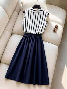 Franclia 女士时尚条纹办公通勤衬衫+中长收腰优雅半裙两件套 - 藍色 - 查看 2