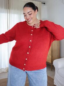 Pretty and Ole Plus Size Casual Solid Color Gold Button Long Sleeve Cardigan - Red - View 1