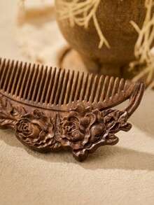 Cirelle Sandalwood Fine Tooth Hair Comb Handmade Natural Wooden Comb Exquisite Rose Pattern Black Gold Sandalwood Bristles Suitable For Normal Hair Anti Static Detangling Hair Care Tool Gentle Scalp Massage Comb Portable Lightweight Daily Grooming Accessory Home Travel Use Stylish Hair Styling Comb Gift For Women Girls Beauty Essential Durable Hairdressing Tool - monochrome - View 5