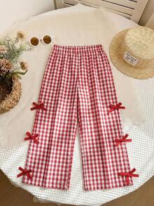 SHEIN LMoss Kids LMoss 女童格纹宽松休闲裤 - 紅色 - 查看 3