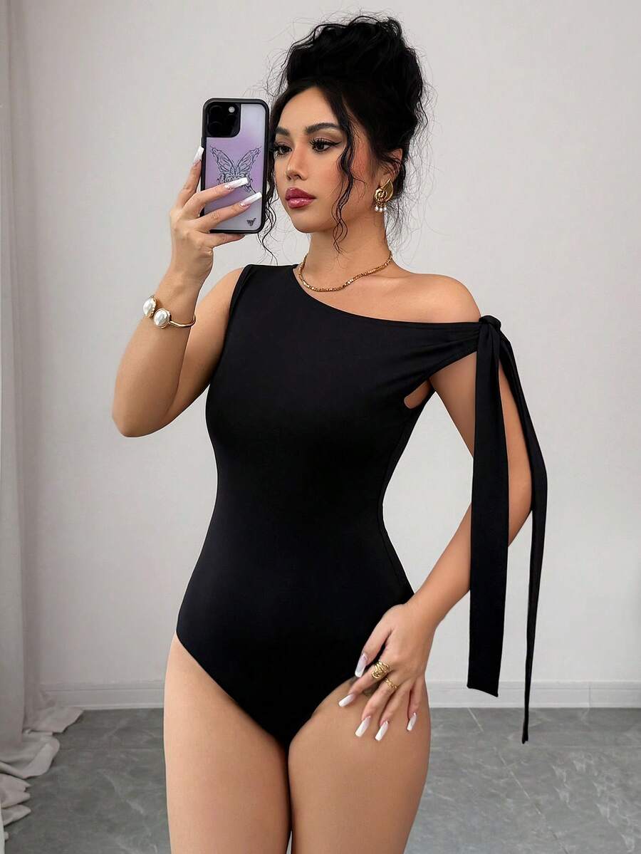 SHEIN Tall 女士休闲无袖不对称领口系带连体衣 - 黑色 - 查看 1