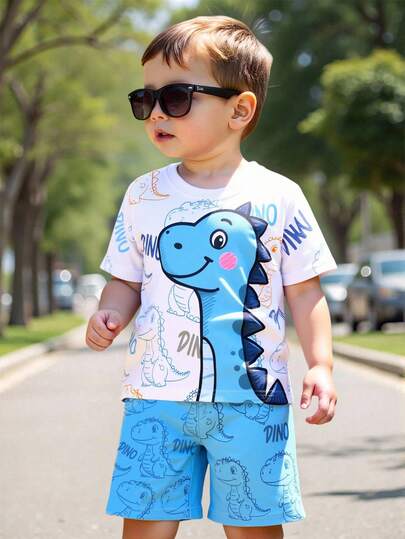 1 Set Toddler Boys' Casual Cute Cartoon Dinosaur Print Short Sleeve T-Shirt And Blue Dinosaur Print Shorts, Summer Outfit For Outdoor Play And Sports