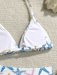 SHEIN 青少年女孩比基尼套装，海星印花，多色，针织面料，两件套泳衣，时尚休闲优雅，适合游泳、度假、夏季 - 彩色 - 查看 4