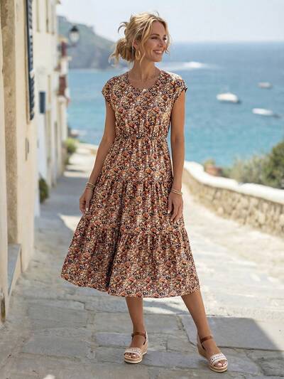 Vestido casual de mujer con estampado floral menudo, volante en el bajo y cuello redondo, ideal para vacaciones