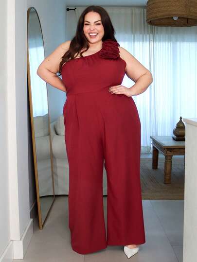 Pretty and Ole 大码夏季时尚法式复古浪漫不对称肩部3D花卉连体裤