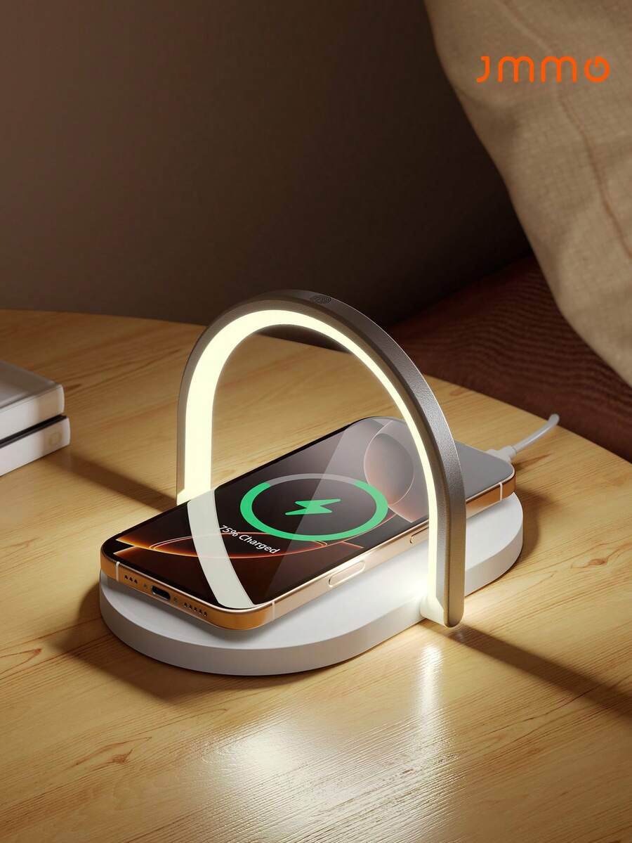 JMMO LED Bedside Lamp,3 In 1 Bedside Lamp With Wireless Charger,3 Color Modes Touch Control LED Night Light,Phone Holder For Kids,Adults,Home,Dorm And Office - White - View 1
