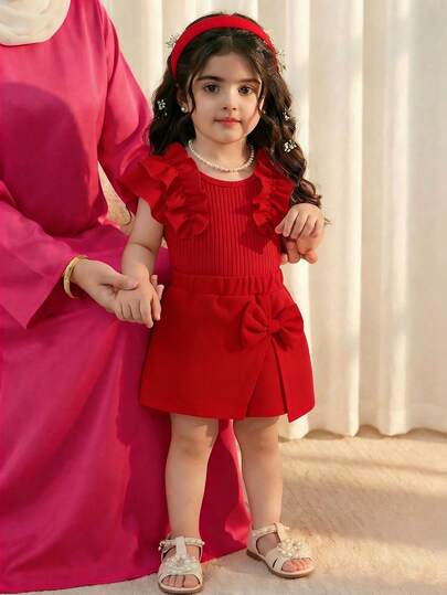 2pcs Baby Girls' Ribbed Ruffle Trim Sleeveless Top And Solid Color Bow Skirt Shorts Set, Casual Cute Summer Outfit