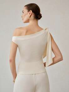 MOTF PREMIUM SOLID KNOT ASYMMETRICAL SHOULDER METAL BUTTERFLY SLIM FIT TOP - Apricot - View 3