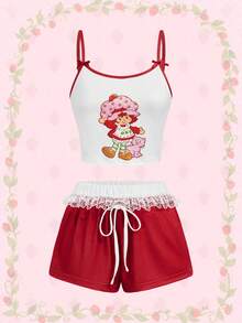 Strawberry Shortcake | ROMWE 女士可爱卡通图案蝴蝶结吊带背心和短裤休闲睡衣套装 - 黃色 - 查看 1
