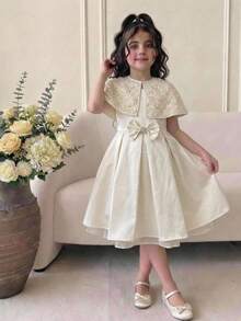 SHEIN Tween Girl Spring/Summer Elegant Rhinestone Embellished 3D Rose Embroidered Mesh Bolero Shrug With Waist-Cinched Pleated Full Skirt Princess Dress With Large Bow Decor, 2-Piece Apricot Dress Set For Wedding Season, Party, Gathering, Holiday, KIDS - Apricot - View 4