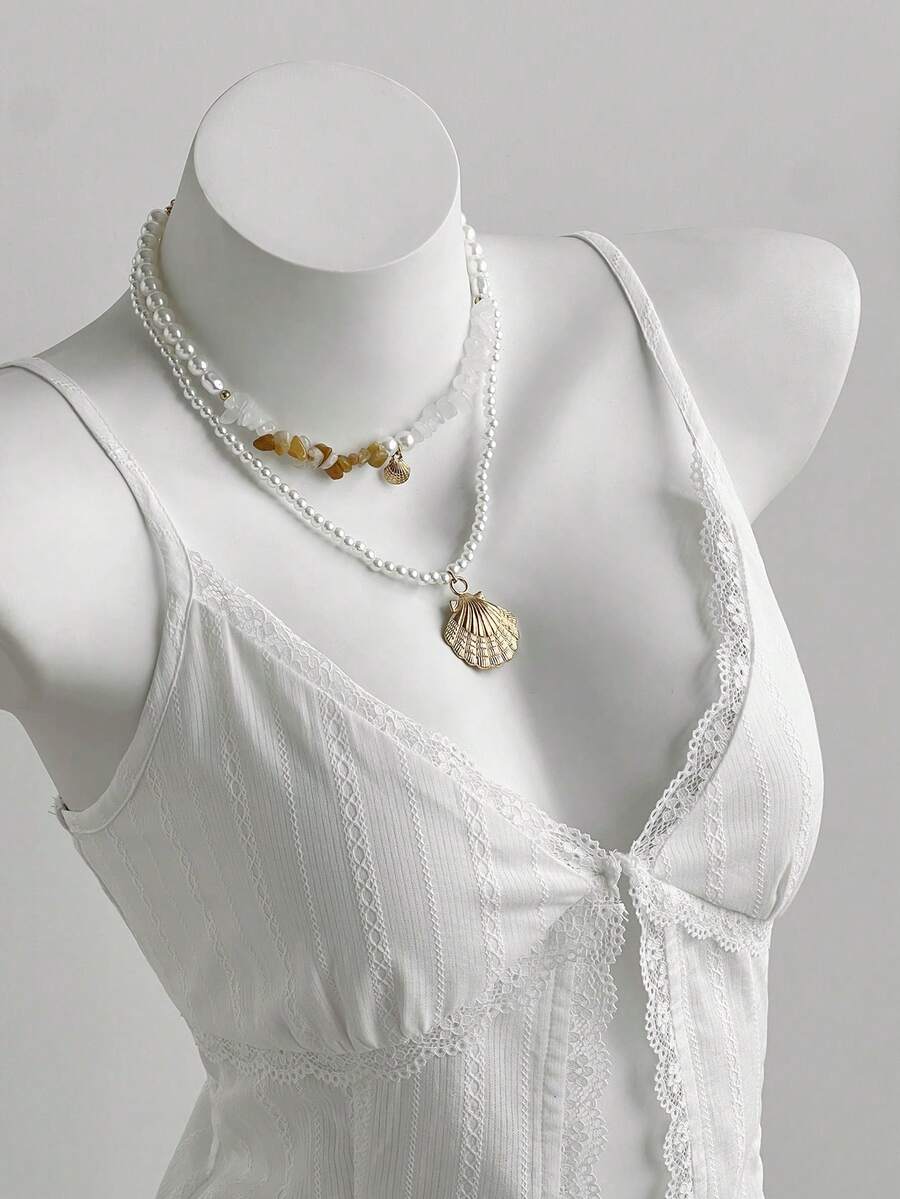 Elamini Bộ đồ 2 món dành cho nữ, kiểu dáng thường ngày, gợi cảm, gồm áo hai dây phối ren và áo len dệt họa tiết. - trắng - Xem 1