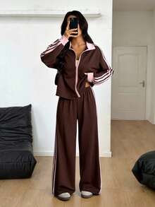 SHEIN PETITE 女士撞色条纹外套和裤子两件套 棕色两件套运动服 女士两件套家居服 女士舒适秋冬服装 - 棕色 - 查看 4