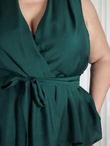 Pretty and Ole Plus Size Women Casual Solid Color Sleeveless Top & Pants 2 Pieces Set,Cardigan With Irregular Hem, Straps, And Wide-Leg Pants,Green,Summer - Dark Green - View 3