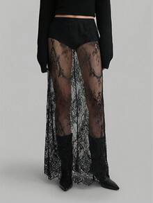 Ontre 2026 SS 女款黑色花卉蕾絲夏季長裙，優雅透視百搭派對婚禮賓客裙，茶會日復古風 - 黑色 - 查看 4