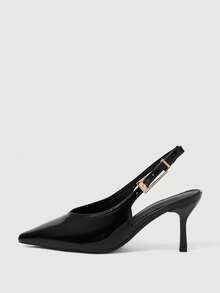 Sleekvia 女士性感亮面尖头露跟细高跟通勤后系带黑色鞋子 - 黑色 - 查看 10