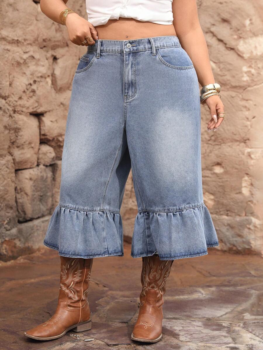 SHEIN Unity Plus Size Women Y2K Style Denim Capri Pants, Korean Casual Street Cowboy Water-Washed Ruffled Hem Straight Leg Wide Leg Jeans - Light Wash - View 1