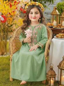 SHEIN 女童V领休闲纯色梭织连衣裙 - 綠色 - 查看 10