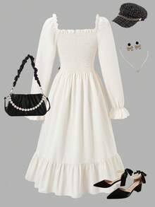 SHEIN Teenage Girls' Elegant Black Mid-Length Dress, Square Neck Puff Sleeve, Bow, Waist Ruffle, Suitable For Family Gatherings, Parties, And Daily Wear - Apricot - View 2