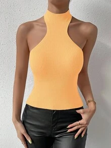 SHEIN Raffinéa Sleeveless Solid Color Knit Top, Casual For Summer - Orange - View 5