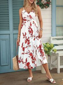 Louniche Vestido Longo Floral com Babados e Alças Finas, Decote em V Elegante, Sem Mangas, Ideal para Verão, Festa, Encontro, Escritório, Negócios - Multicolorido - Visão 5