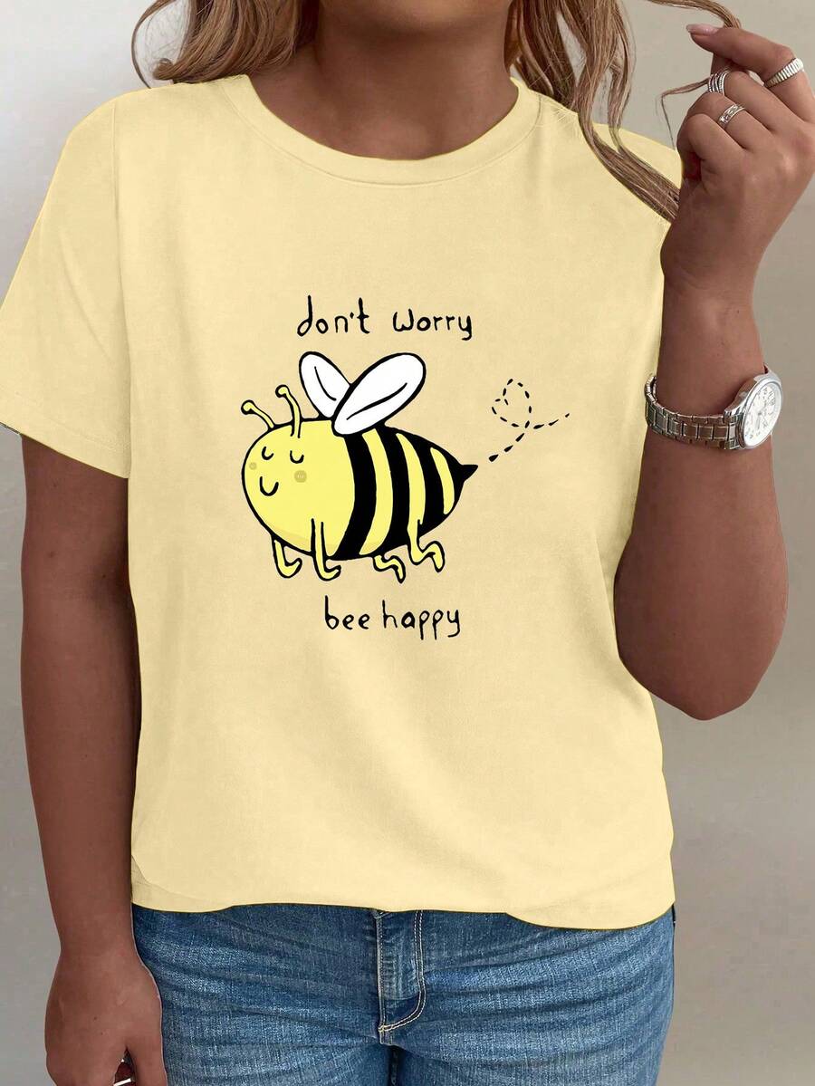 EMERY ROSE 大码女式短袖T恤，印有标语和蜜蜂图案，女士上衣 - 杏色 - 查看 1
