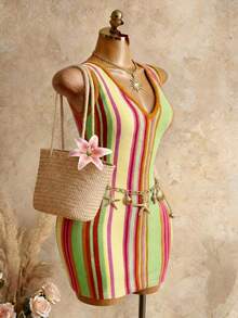 Bellisia Vestido de suéter de punto sin mangas con cuello en V a rayas para mujer en varios colores (rojo, naranja, amarillo, verde, morado), corte corto, ajuste ceñido, sexy, adecuado para vacaciones, salidas casuales, fiestas, primavera/otoño, verano, invierno - Multicolor - Ver 3