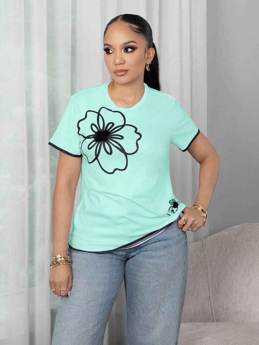 Melissa Matos Women's Floral Print Casual Round Neck Short Sleeve T-Shirt, Summer - Green - View 1