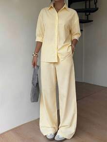 SHEIN EZwear Bộ áo và quần kẻ sọc màu vàng nhạt dệt kim dành cho nữ, thích hợp cho kỳ nghỉ hè. - Vàng nhạt - Xem 3
