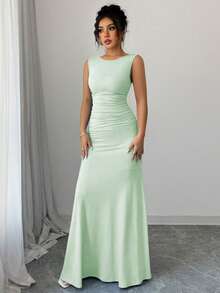 Elenzga 女士优雅无袖圆领A字连衣裙，腰部褶裥设计，蓝色针织面料，春夏款 - 綠色 - 查看 3