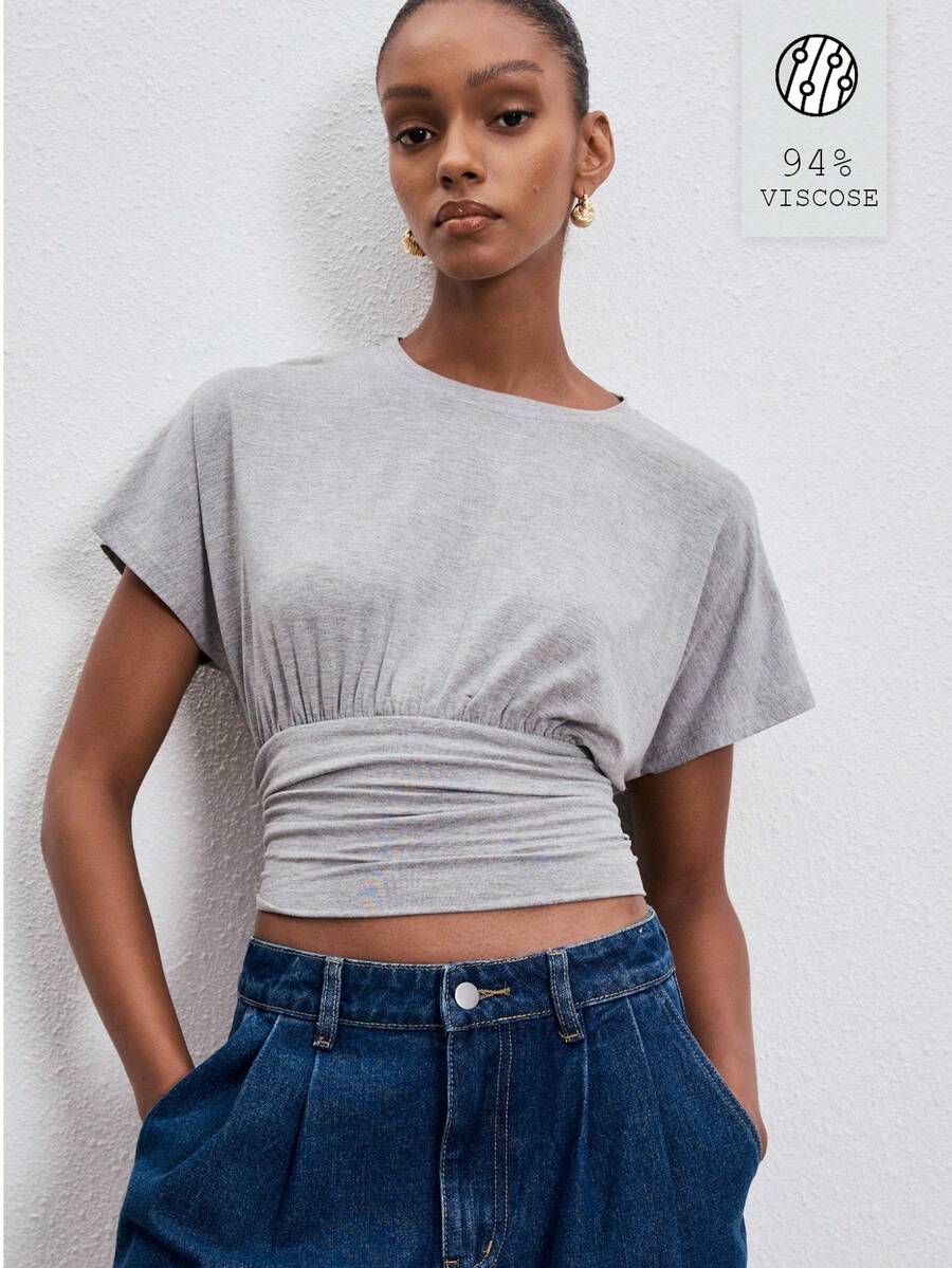 ATUI Studio Women's Pleated Round Neck Top - Soft Viscose Top With Gathered Detail For Casual Summer Office,Summer Top - Light Grey - View 1