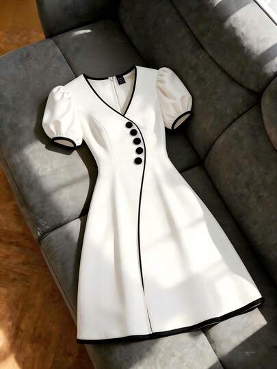 Franclia Summer Elegant Black And White Contrast Color Dress  Women,French Vintage High-End Button Puffed Sleeve Midi Dress,Tea Party Retro Classy Mod Dress