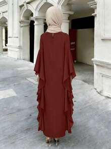 Vesra Burgundy Collared Draped Ruffle Sleeve Loose Robe - Rust Brown - View 2